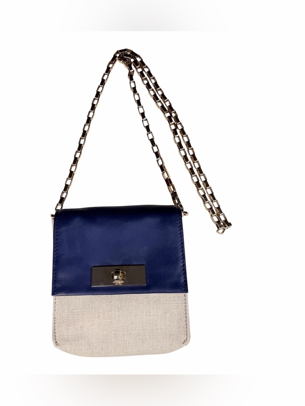 Kate Spade Navy Leather Beige Canvas Gold Chain Crossbody Mini Shoulder Bag